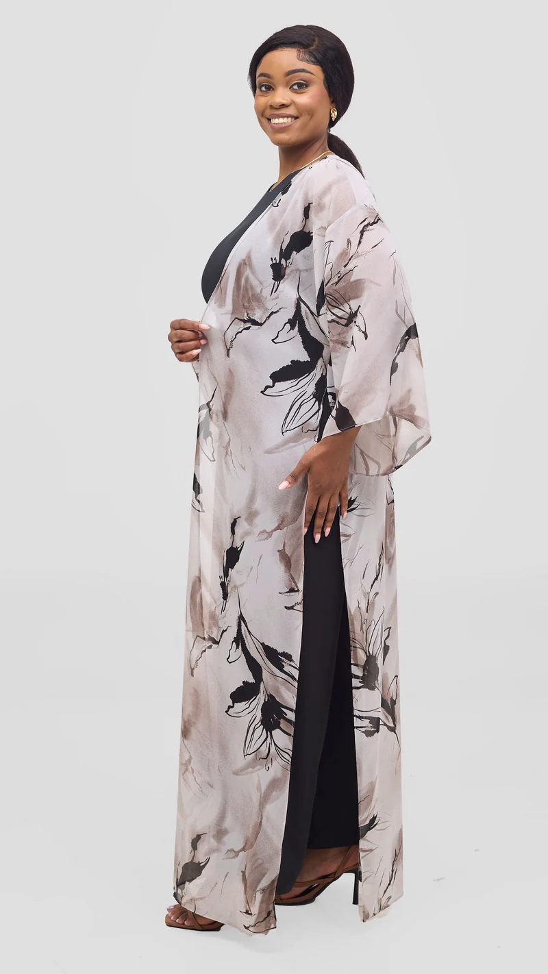 Vivo Nandi High Slit Kimono - Light Taupe / Black Print