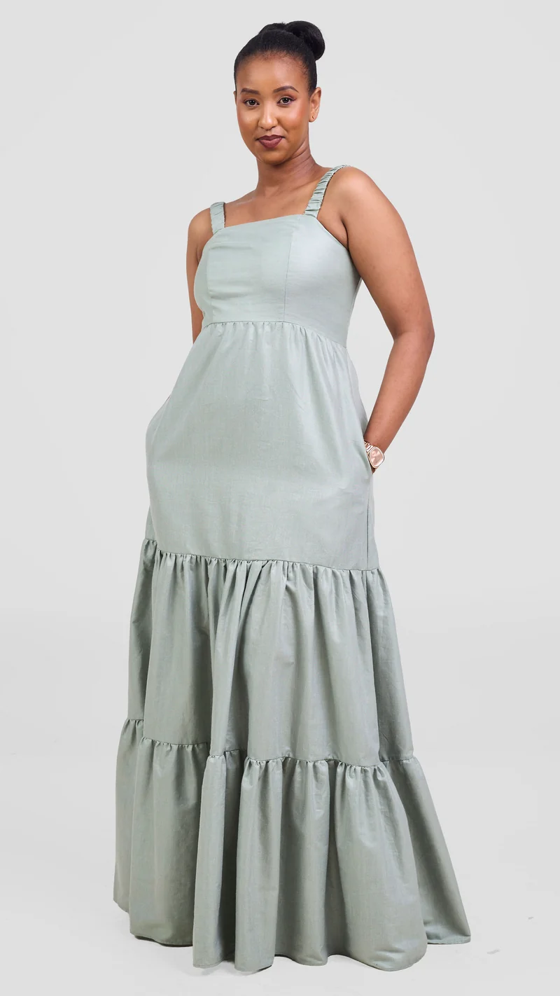Safari Kikoy Tie Back Maxi Dress - Dusty Green