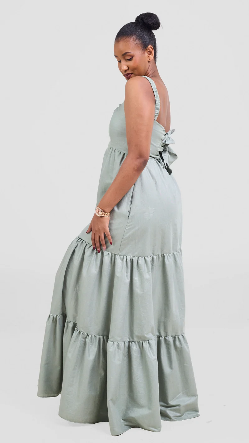 Safari Kikoy Tie Back Maxi Dress - Dusty Green