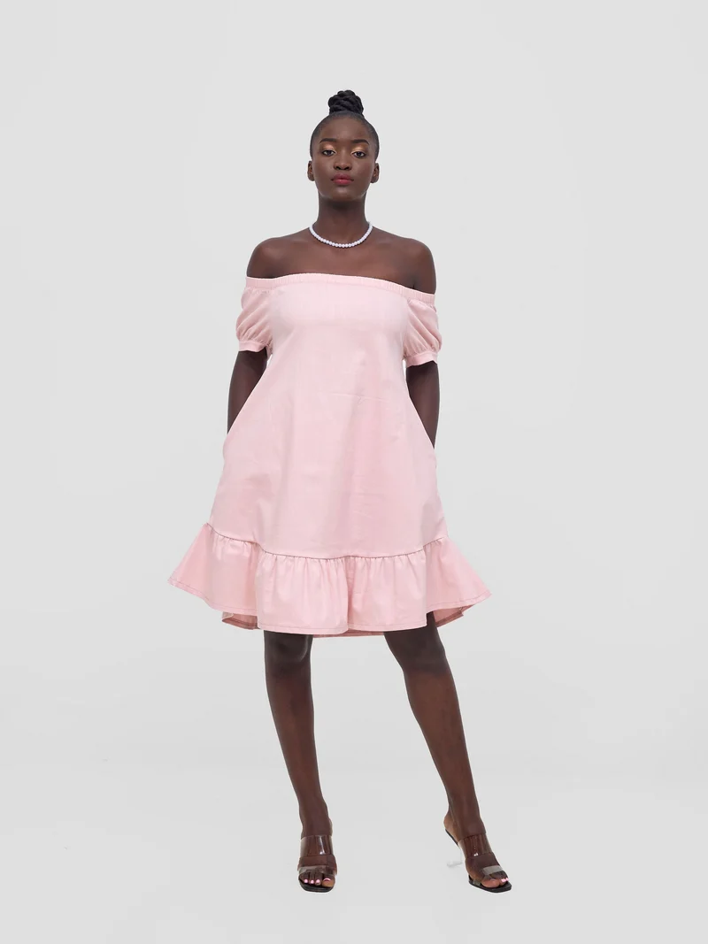Zoya Nia Off Shoulder Knee Length Dress - Light Pink