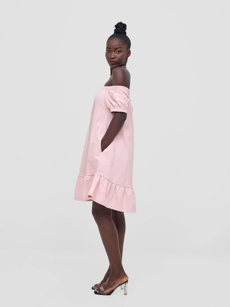 Zoya Nia Off Shoulder Knee Length Dress - Light Pink