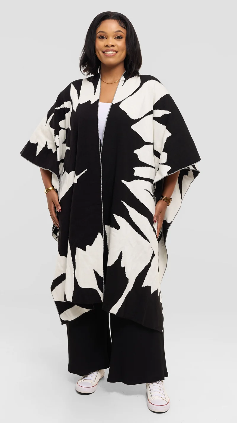 Vivo Reversible Poncho without Fringes - Black / Off White Pepeo Print