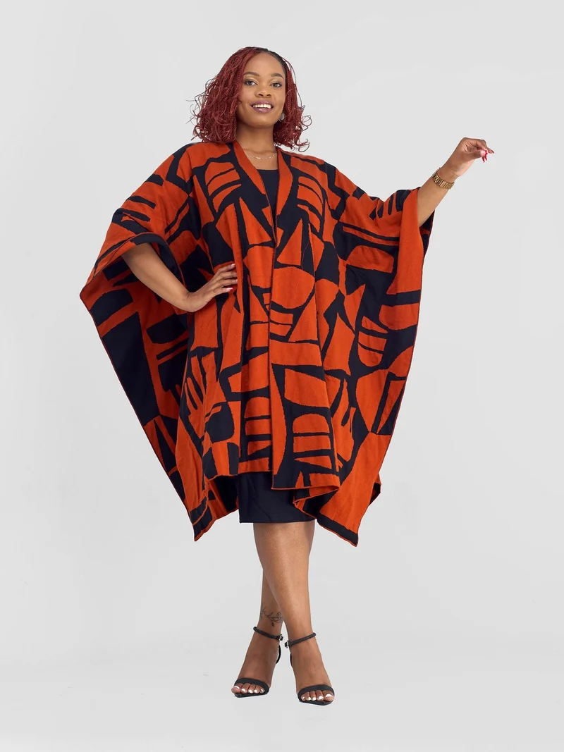 Vivo Reversible Poncho without Fringes - Burnt Orange / Black Samba Print
