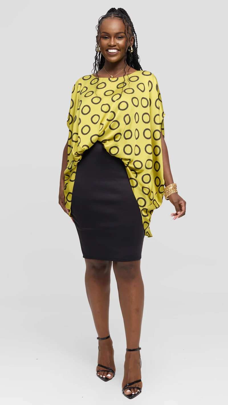 Vivo Amai Hi-Low Top in Satin - Olive / Black Garini Print