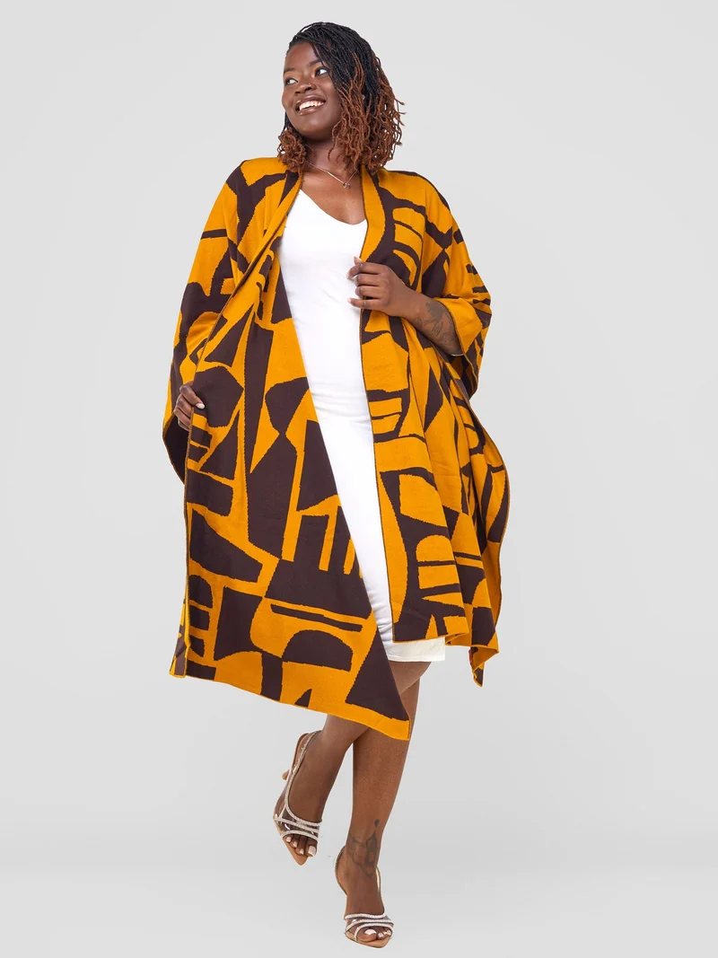 Vivo Reversible Poncho without Fringes - Mustard / Chocolate Brown Samba Print