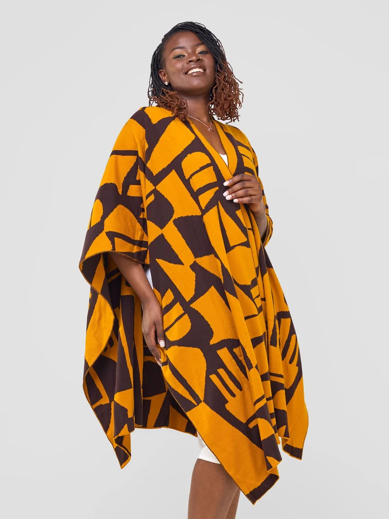Vivo Reversible Poncho without Fringes - Mustard / Chocolate Brown Samba Print