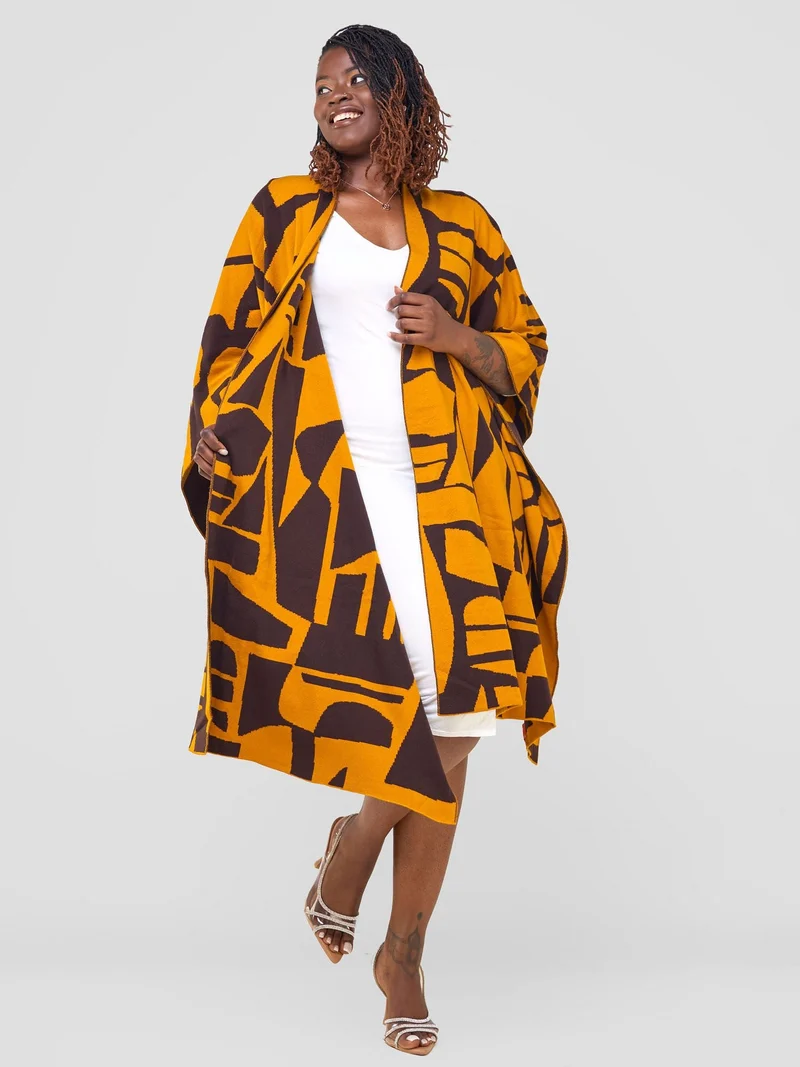 Vivo Reversible Poncho without Fringes - Mustard / Chocolate Brown Samba Print