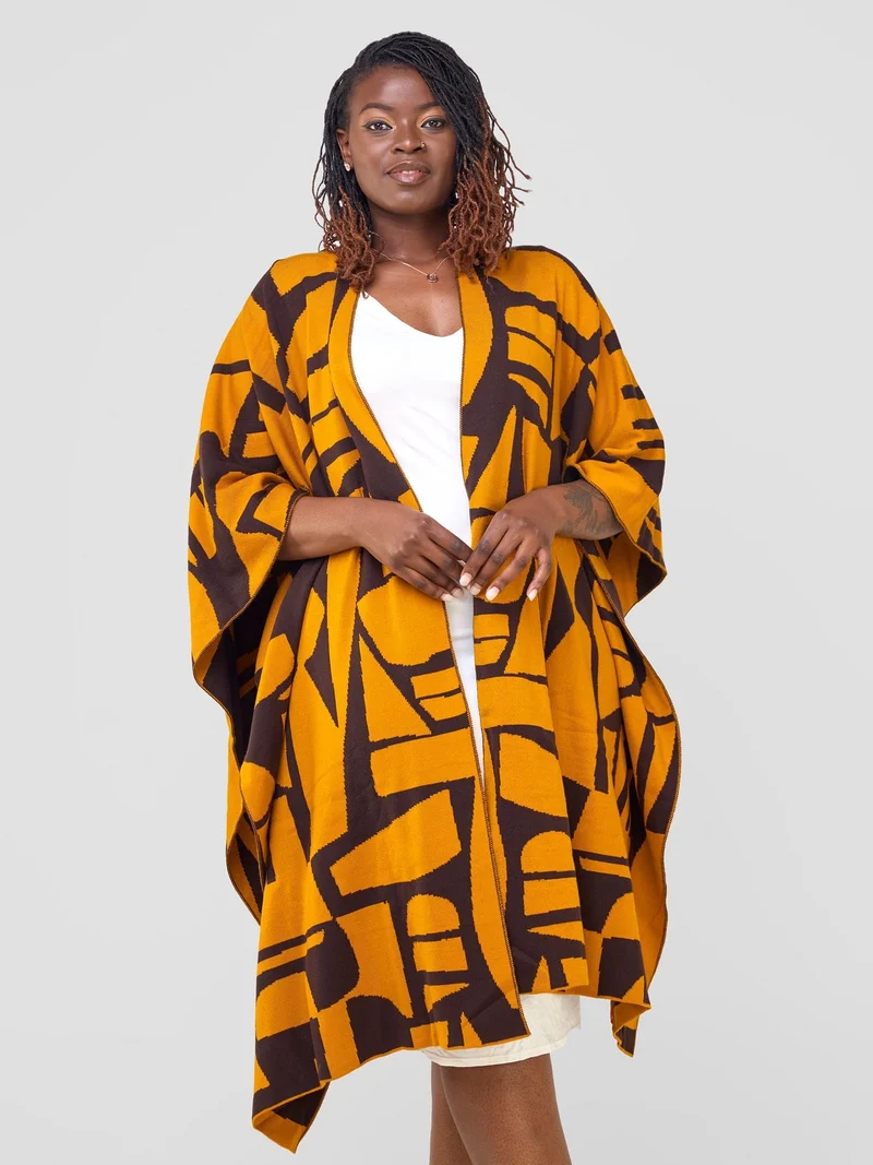 Vivo Reversible Poncho without Fringes - Mustard / Chocolate Brown Samba Print