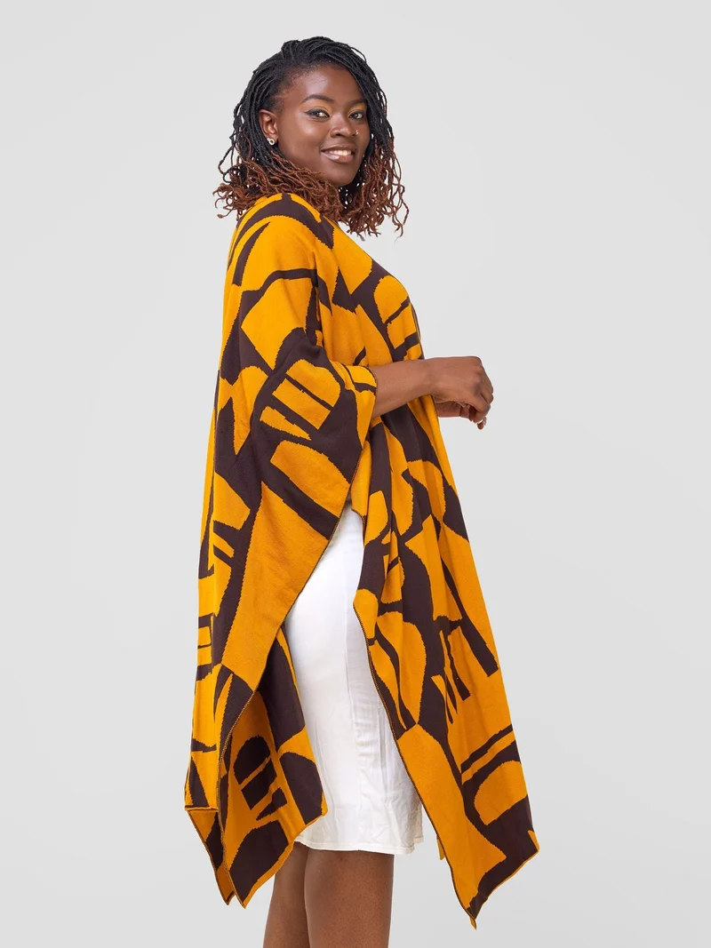 Vivo Reversible Poncho without Fringes - Mustard / Chocolate Brown Samba Print