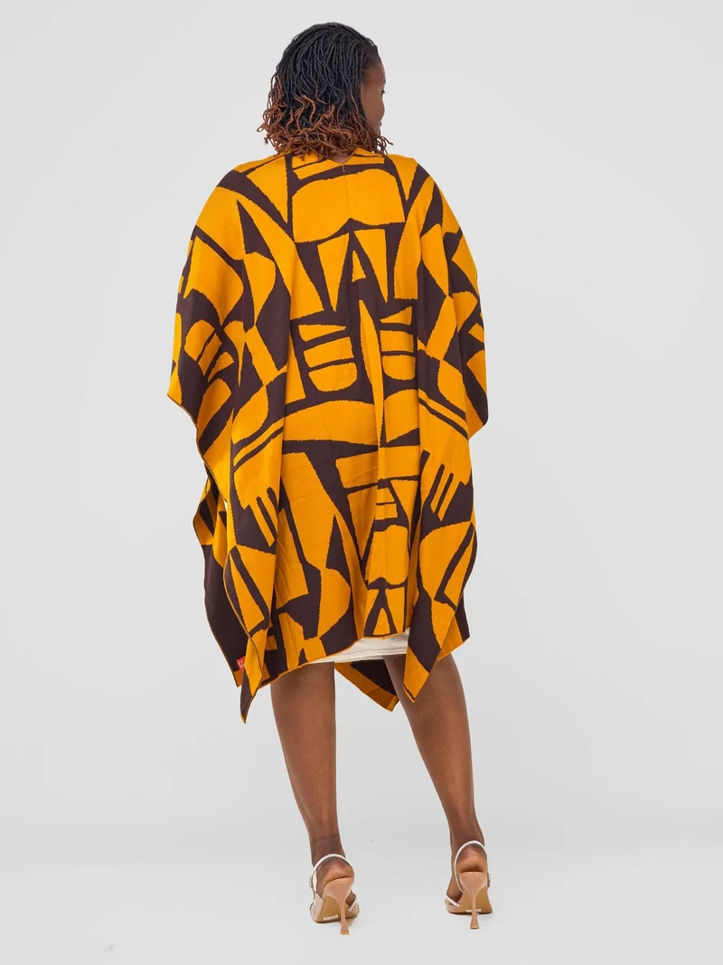 Vivo Reversible Poncho without Fringes - Mustard / Chocolate Brown Samba Print