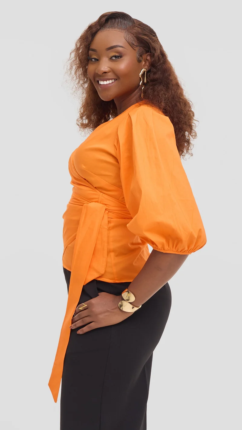 Vivo 3/4 Sleeve Wrap Top in Cotton - Orange