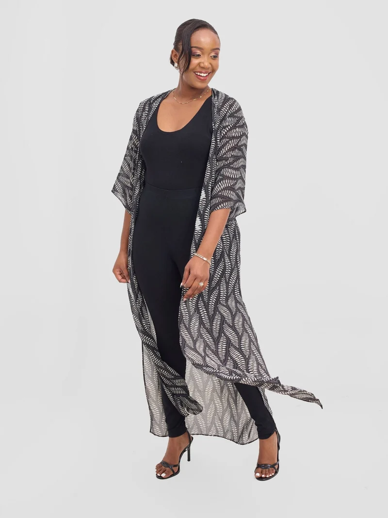 Vivo Basic Nandi A-Line Kimono - Black / White Off-white Nel Print