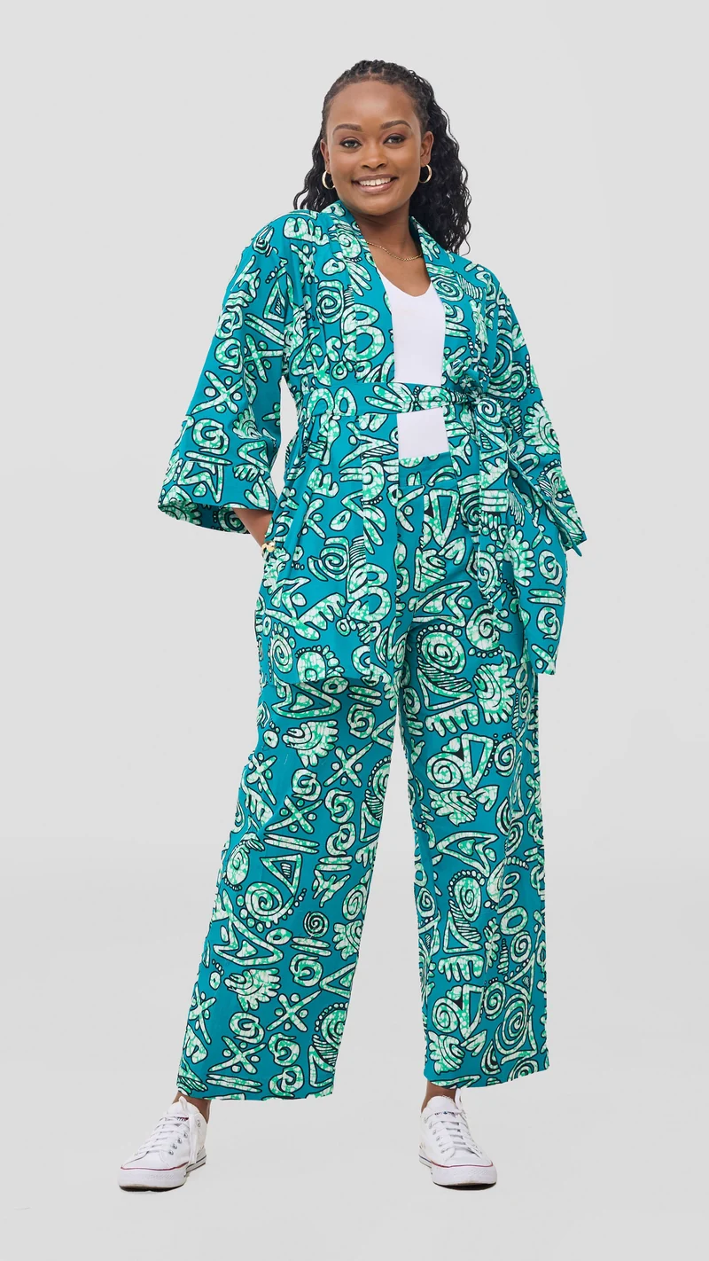 Vivo Kitenge Wide Leg Pants - Green / Black Adia Print