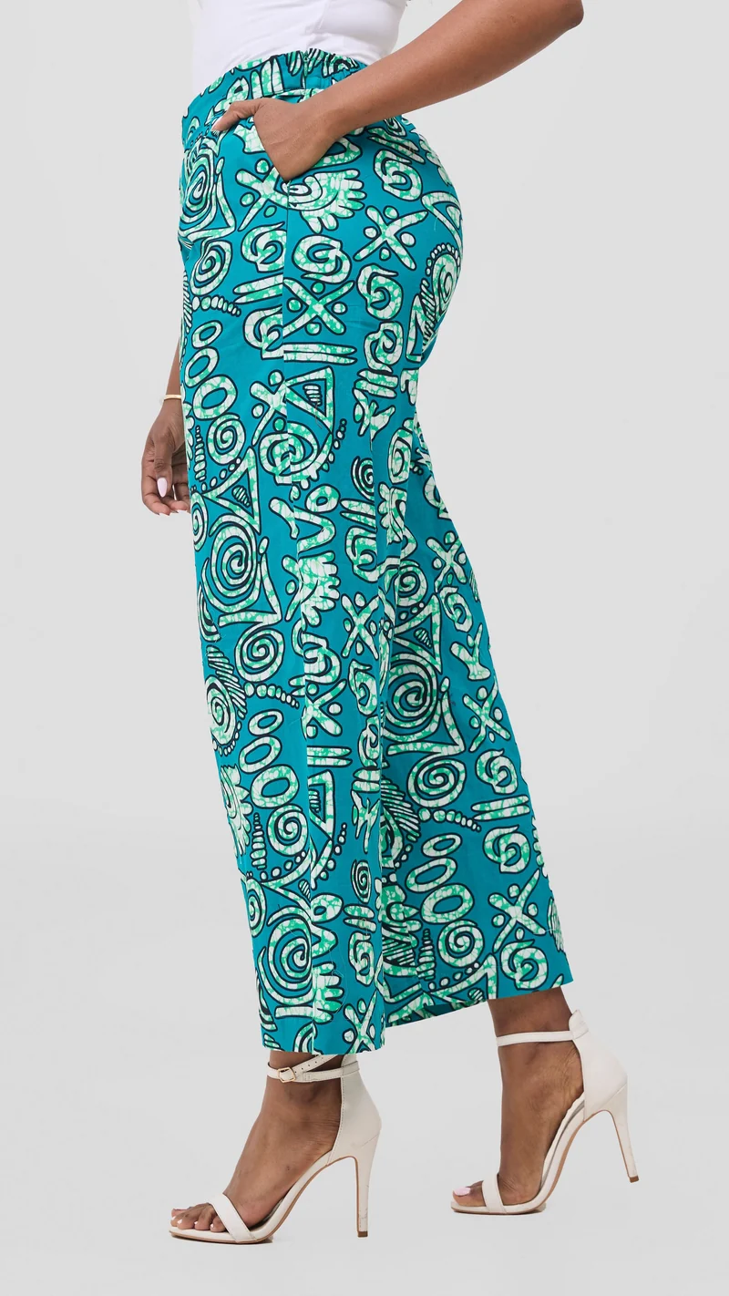 Vivo Kitenge Wide Leg Pants - Green / Black Adia Print