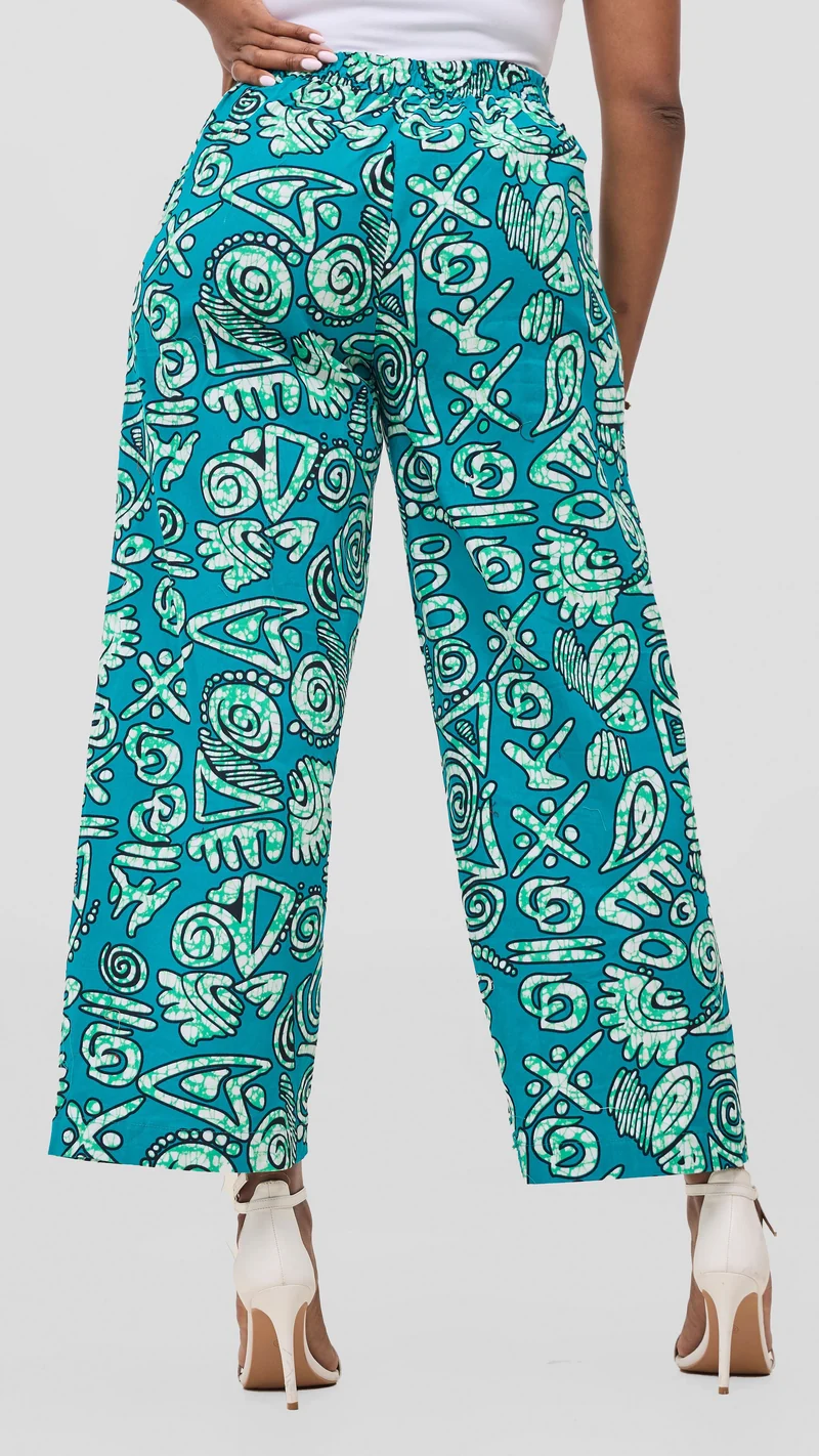 Vivo Kitenge Wide Leg Pants - Green / Black Adia Print