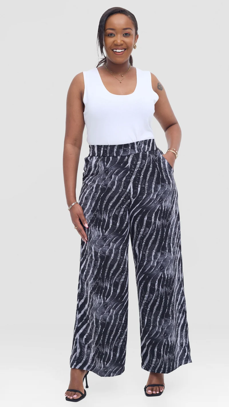 Vivo Maisha Straight Leg Pants In Crepe - Grey / Black Abstract Print