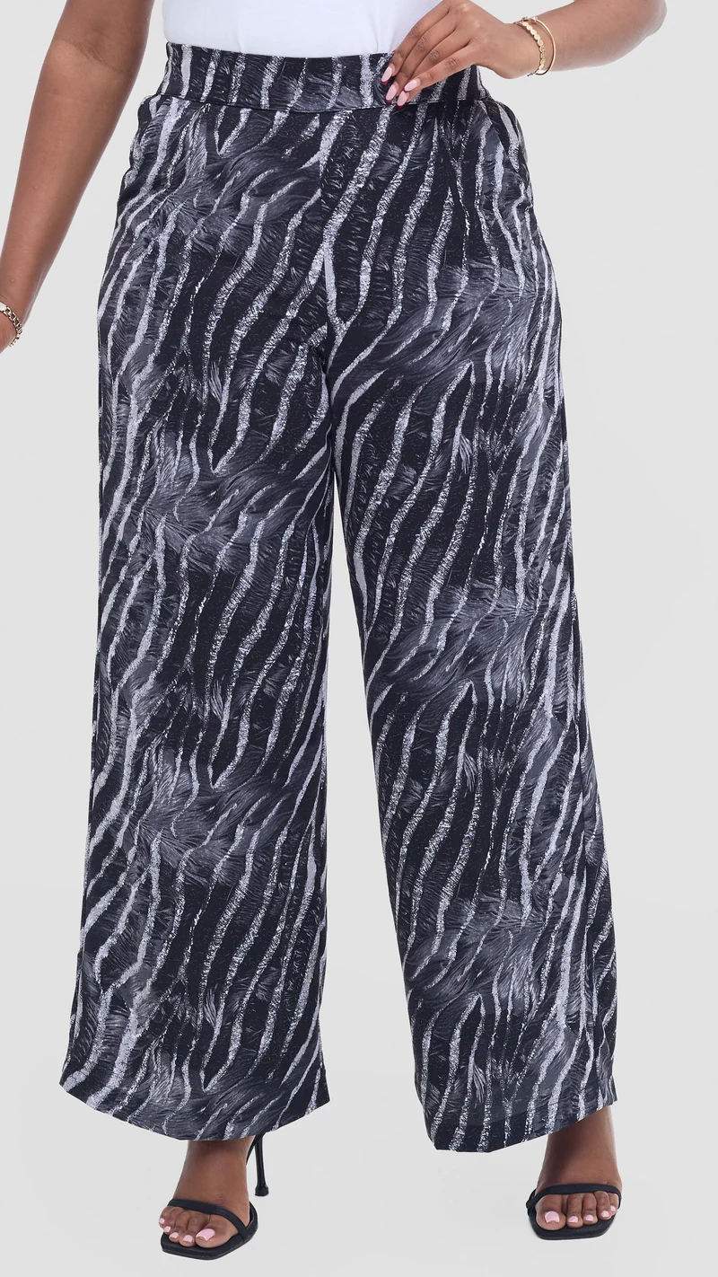 Vivo Maisha Straight Leg Pants In Crepe - Grey / Black Abstract Print