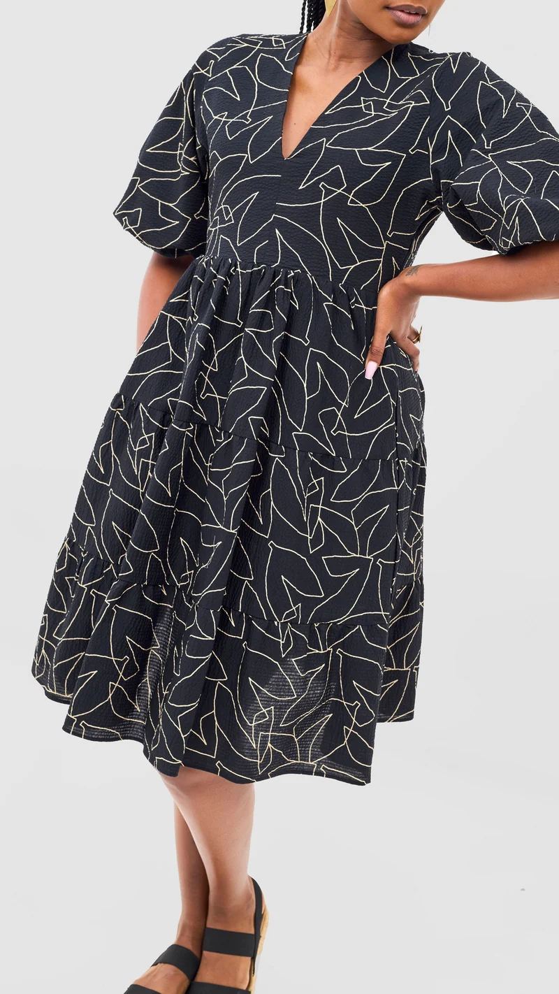 Safari Naledi Bishop Sleeve Tiered Dress - White / Black Wia Print