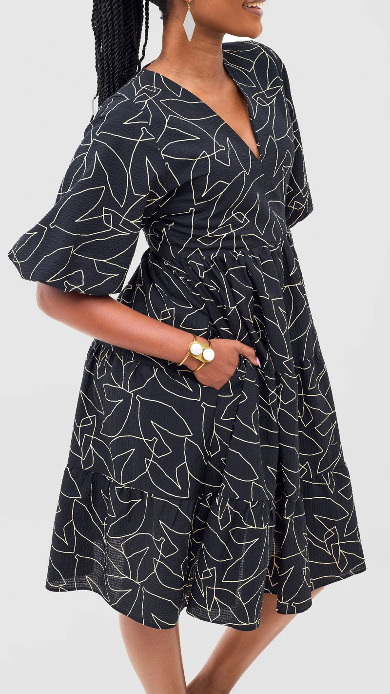 Safari Naledi Bishop Sleeve Tiered Dress - White / Black Wia Print