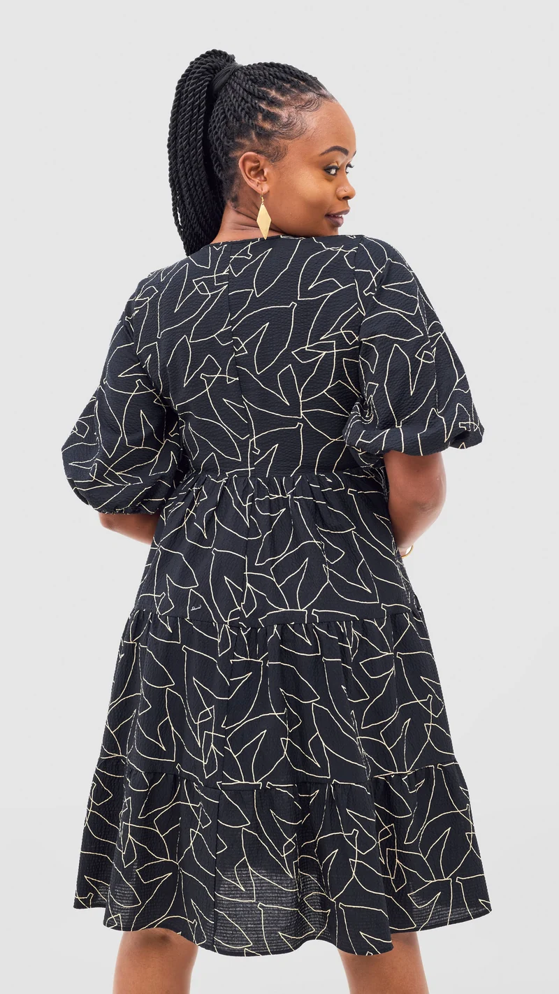 Safari Naledi Bishop Sleeve Tiered Dress - White / Black Wia Print