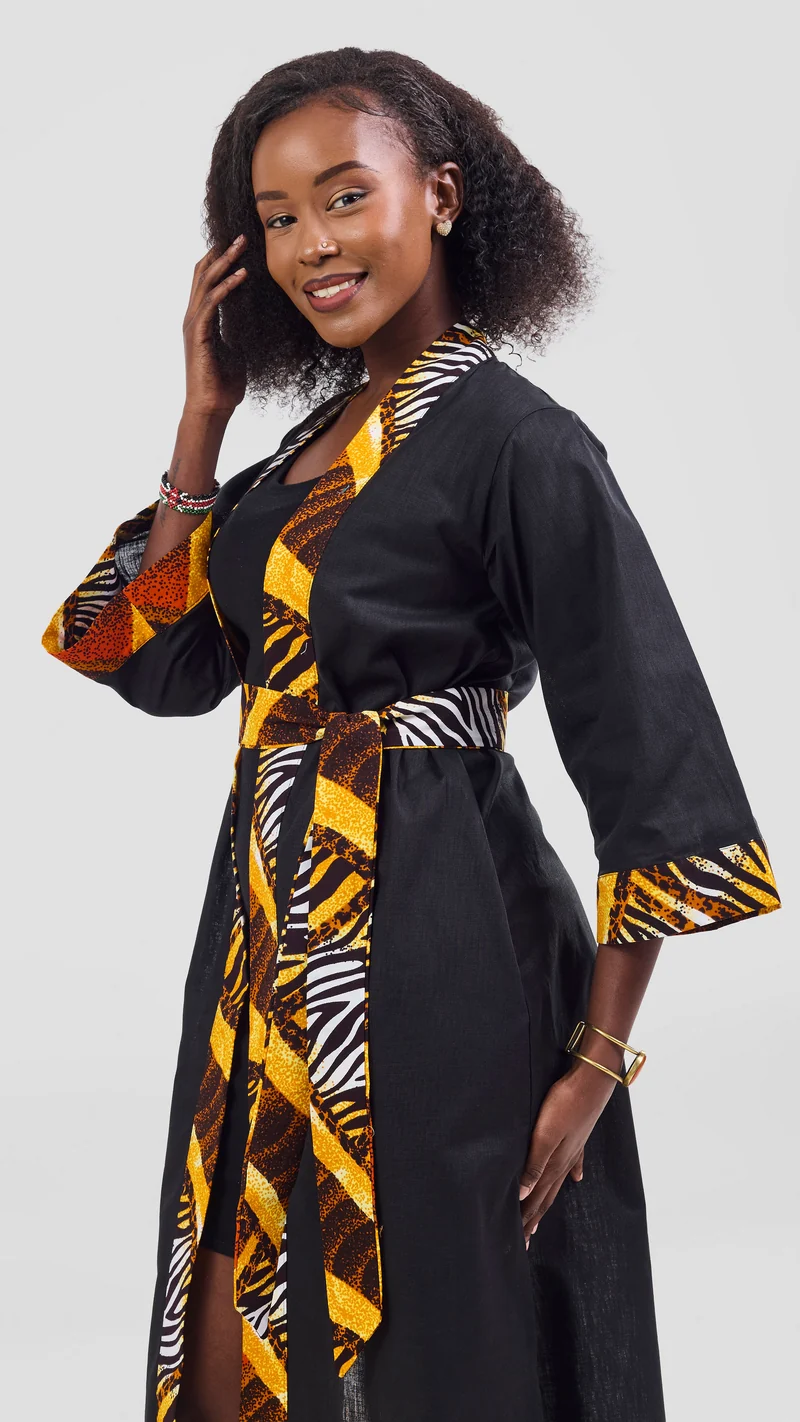 Safari Tafari High Slit Kimono - Black / Luena Print