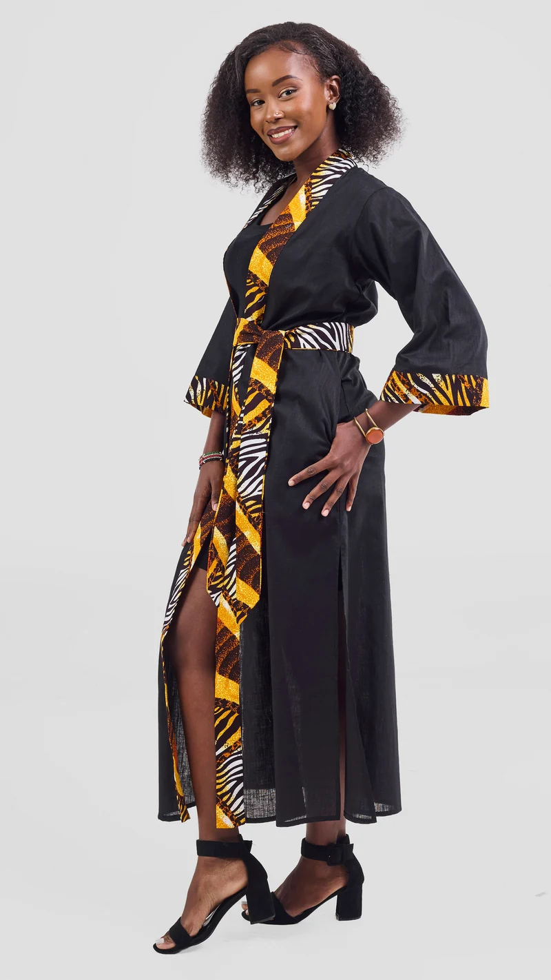 Safari Tafari High Slit Kimono - Black / Luena Print