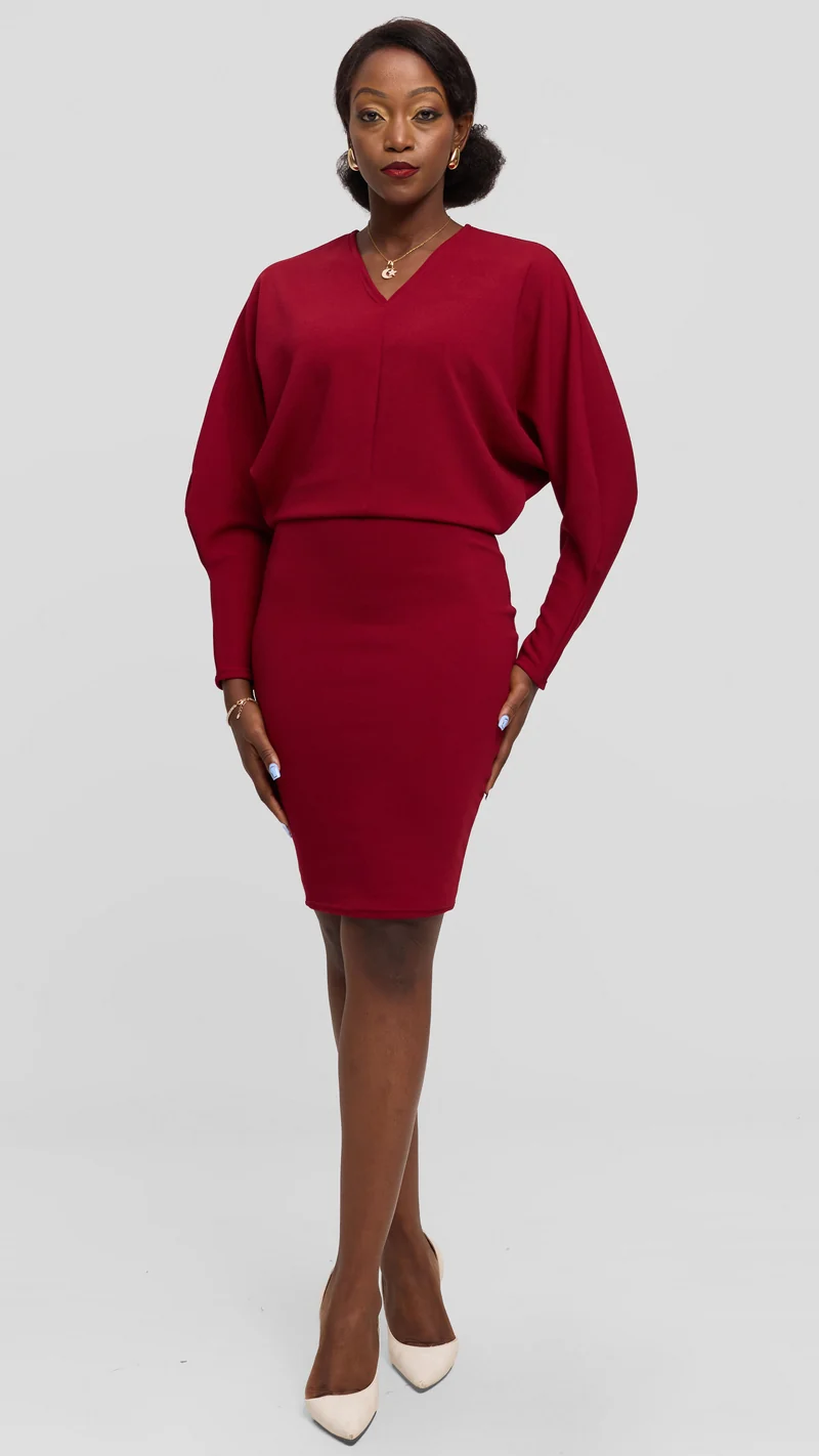 Vivo V-Neck Dress in Stretch Rib - Dark Red