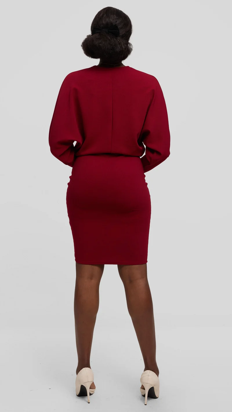 Vivo V-Neck Dress in Stretch Rib - Dark Red