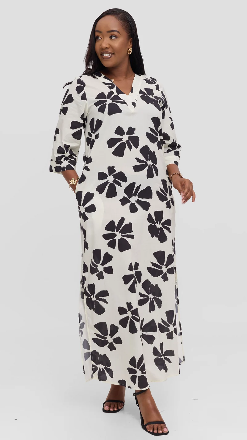 Vivo Lulu 3/4 Sleeve Maxi Dress in Cotton - Cream / Black Print