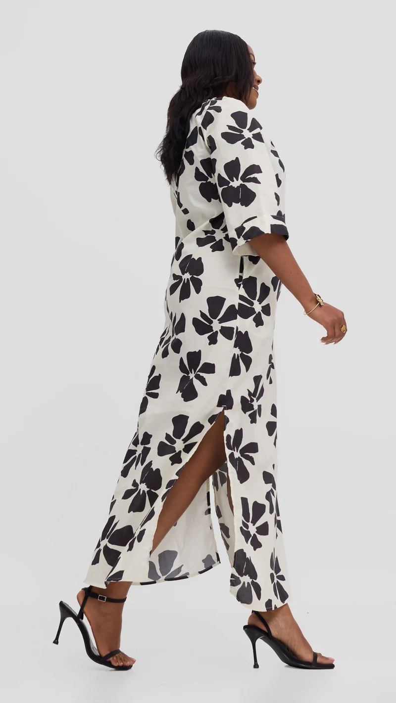 Vivo Lulu 3/4 Sleeve Maxi Dress in Cotton - Cream / Black Print