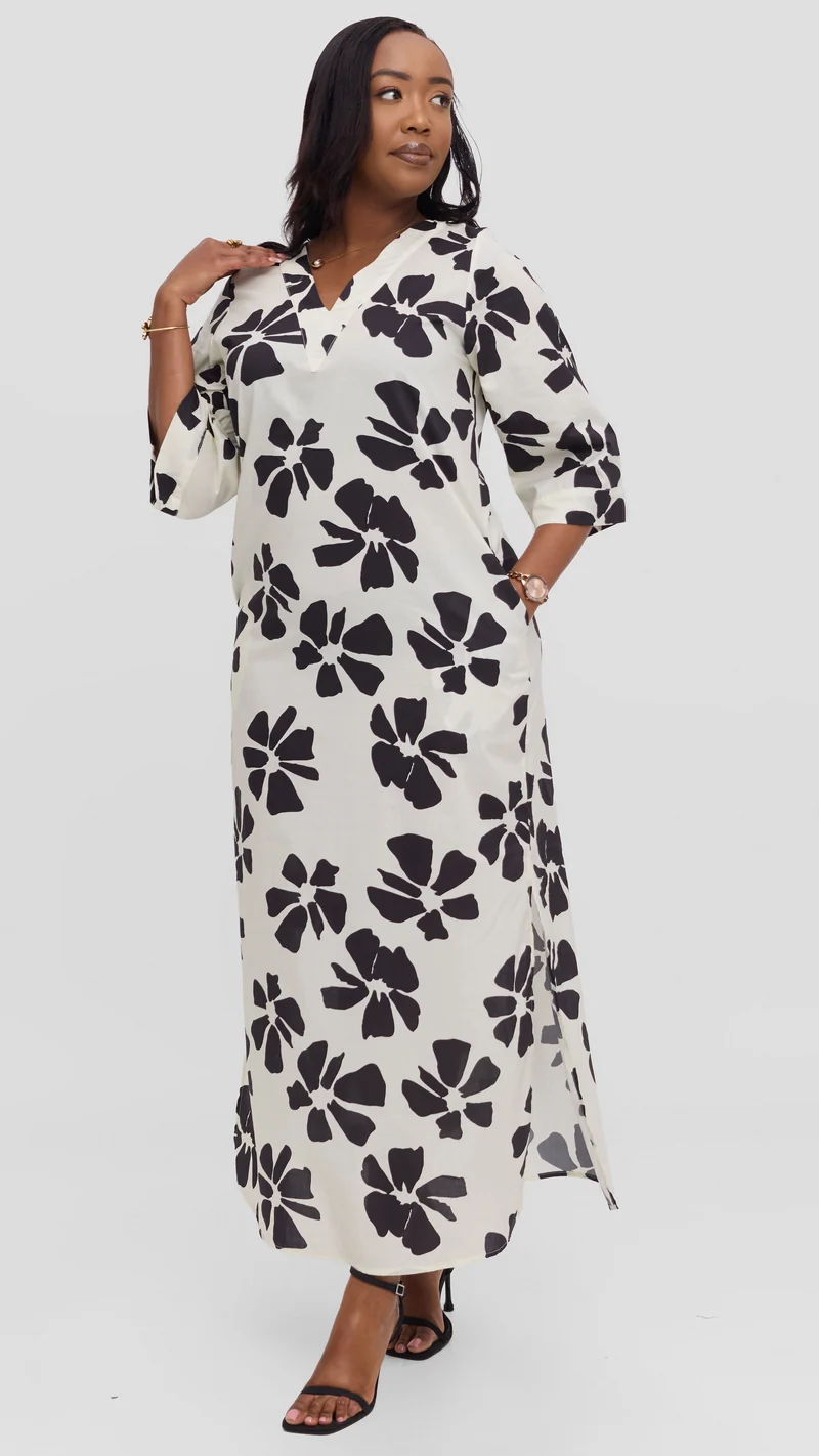 Vivo Lulu 3/4 Sleeve Maxi Dress in Cotton - Cream / Black Print