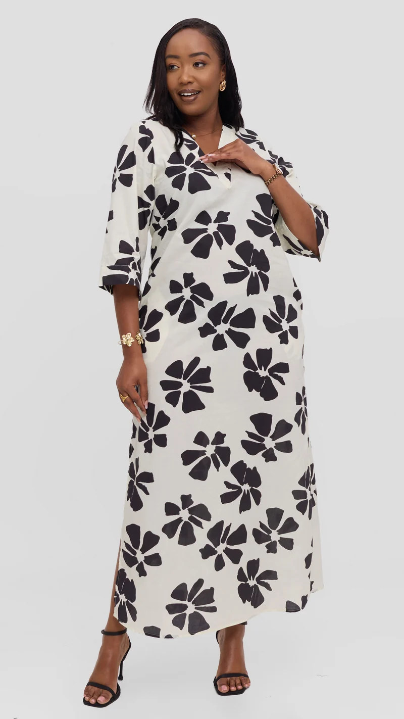 Vivo Lulu 3/4 Sleeve Maxi Dress in Cotton - Cream / Black Print