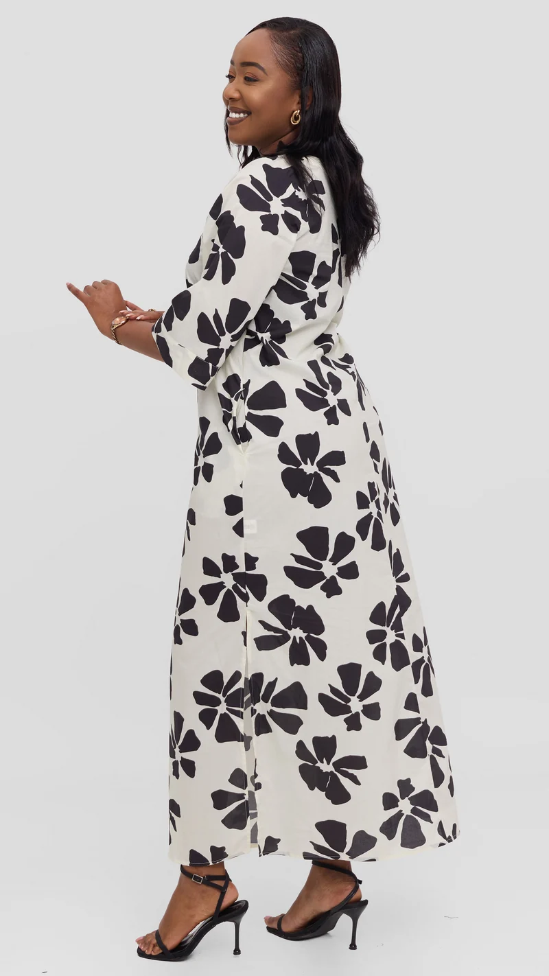 Vivo Lulu 3/4 Sleeve Maxi Dress in Cotton - Cream / Black Print