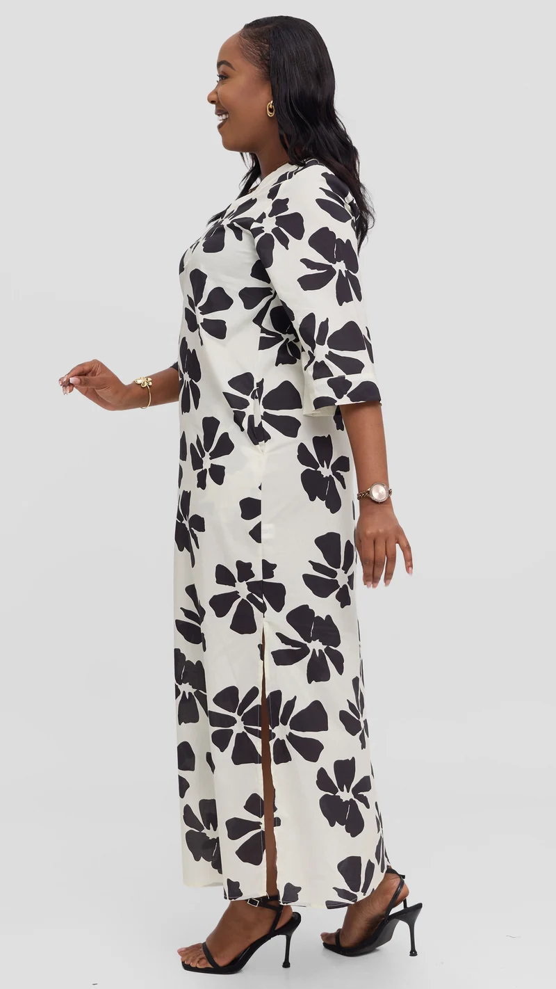 Vivo Lulu 3/4 Sleeve Maxi Dress in Cotton - Cream / Black Print