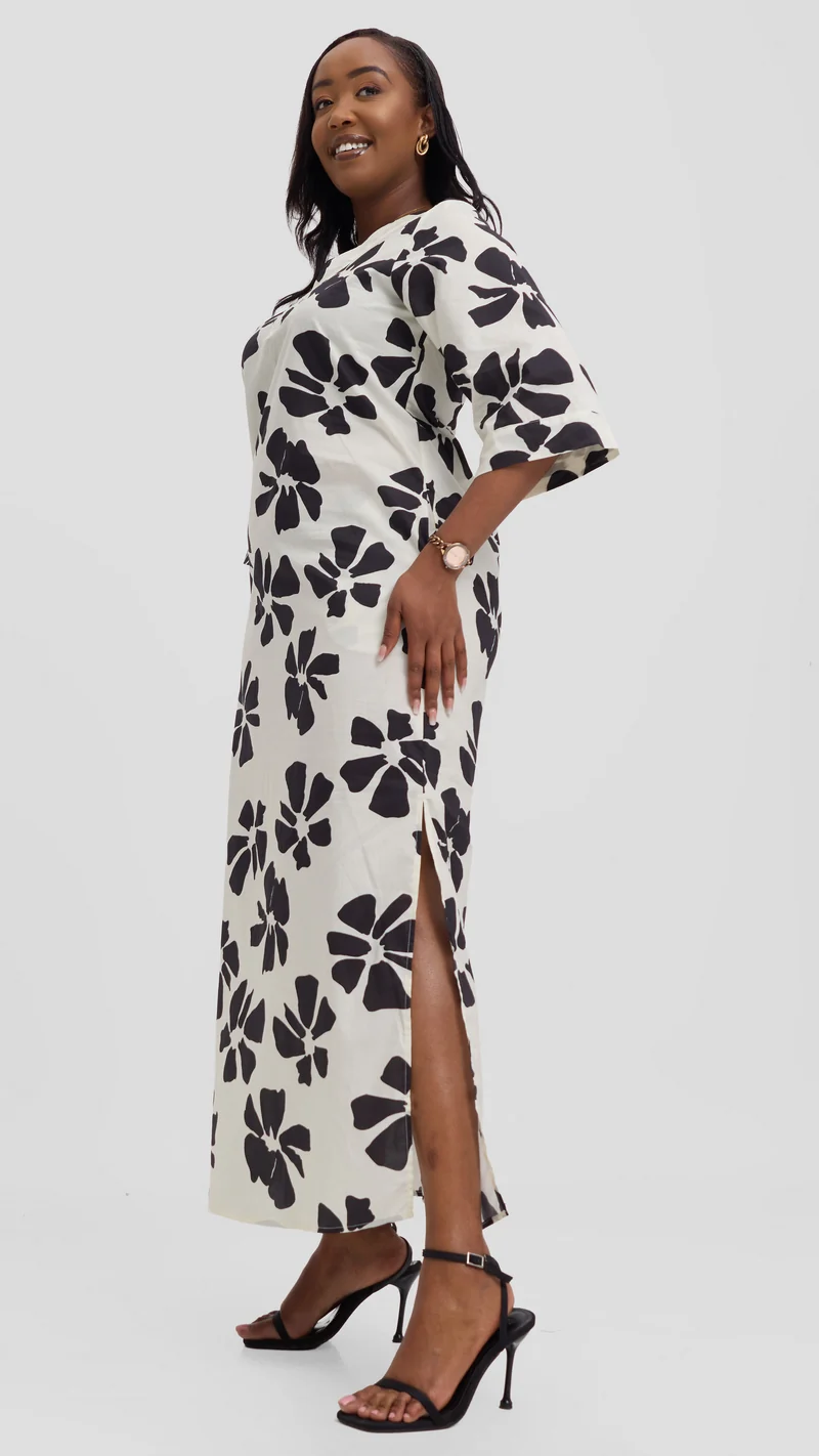 Vivo Lulu 3/4 Sleeve Maxi Dress in Cotton - Cream / Black Print