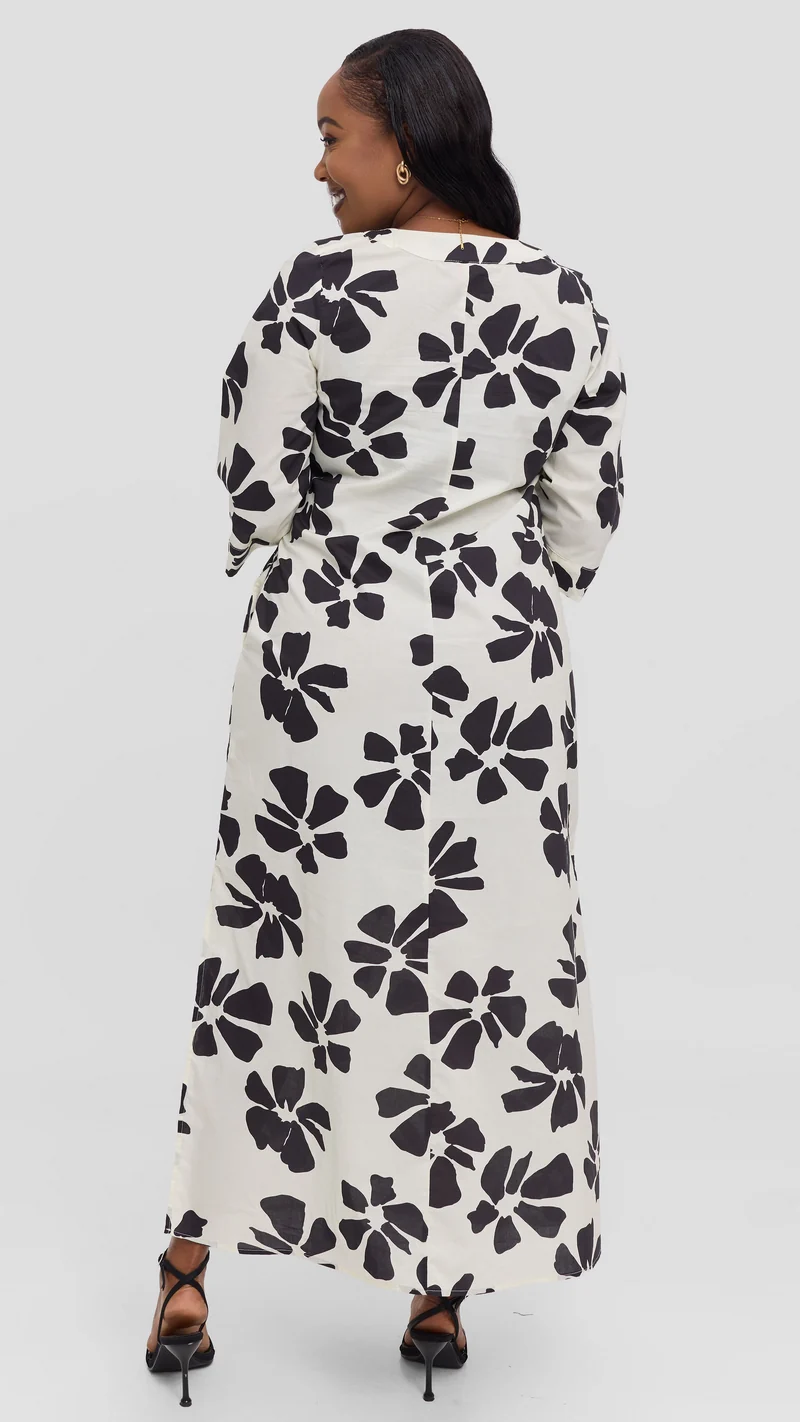 Vivo Lulu 3/4 Sleeve Maxi Dress in Cotton - Cream / Black Print