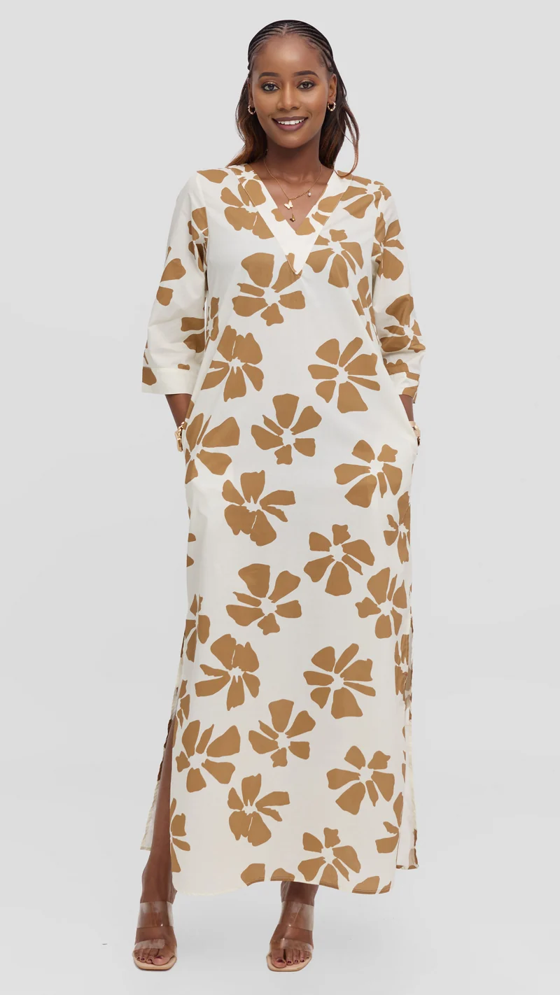Vivo Lulu 3/4 Sleeve Maxi Dress in Cotton - Cream / Tan Print