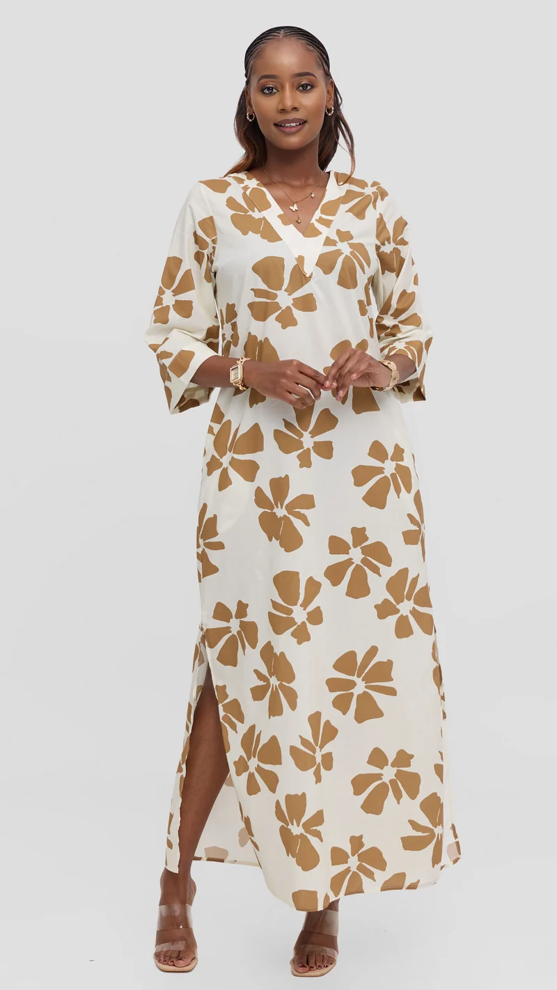 Vivo Lulu 3/4 Sleeve Maxi Dress in Cotton - Cream / Tan Print