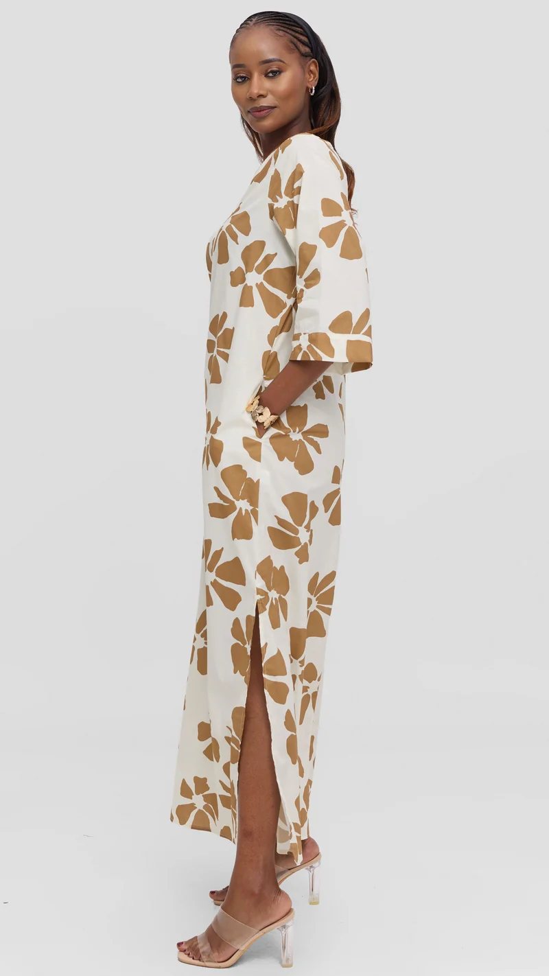 Vivo Lulu 3/4 Sleeve Maxi Dress in Cotton - Cream / Tan Print