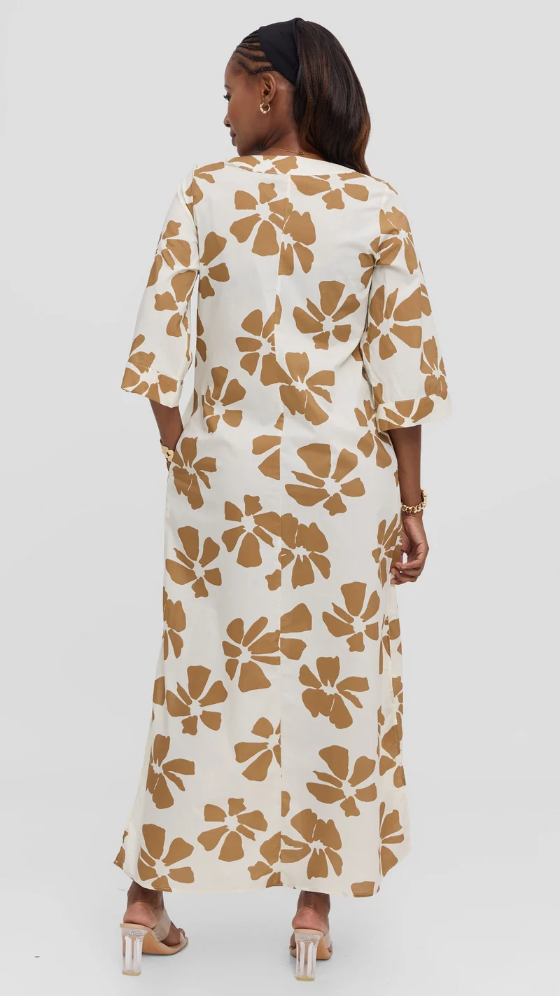 Vivo Lulu 3/4 Sleeve Maxi Dress in Cotton - Cream / Tan Print