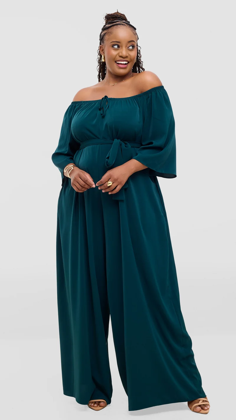 Vivo Zahari 3/4 Sleeve Off Shoulder Jumpsuit In Crepe - Dark Green