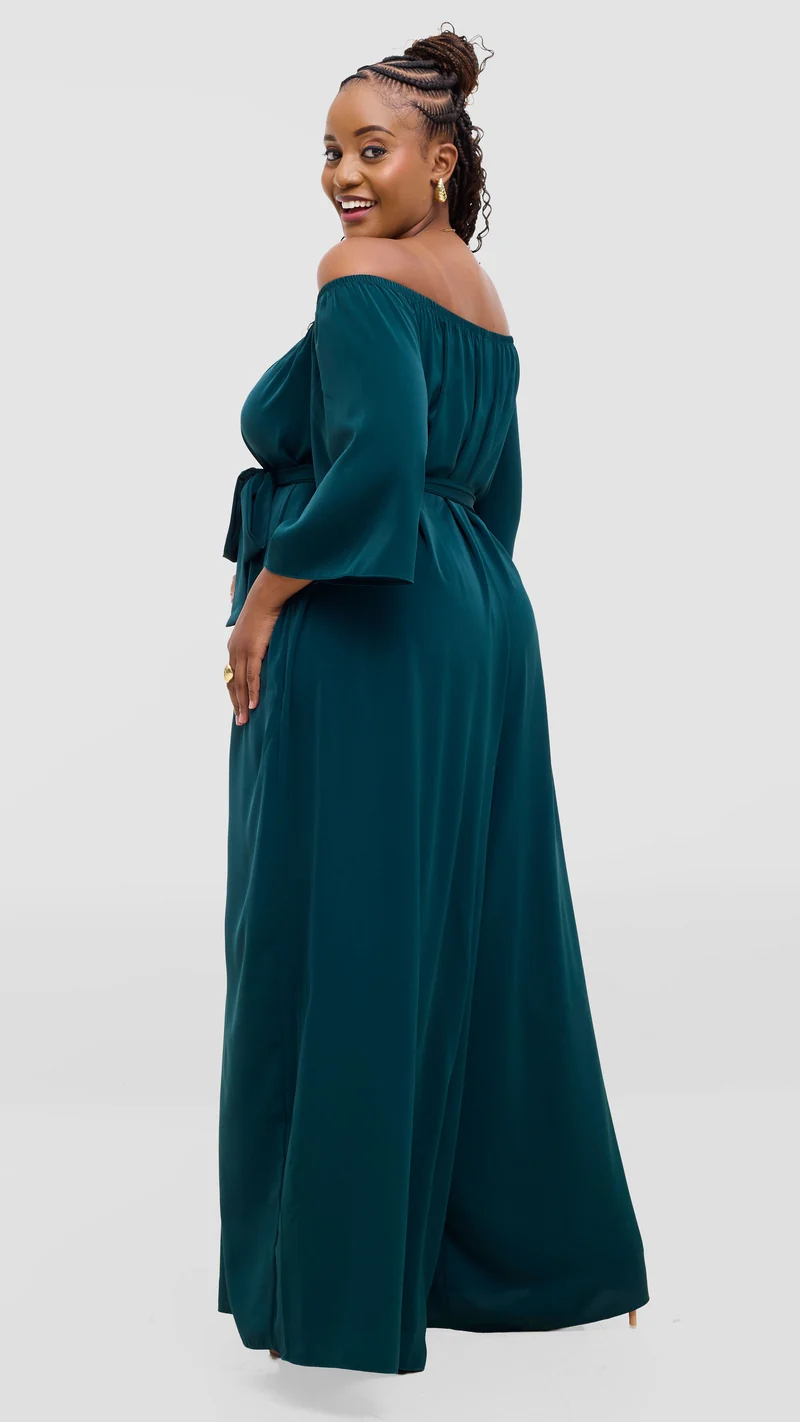 Vivo Zahari 3/4 Sleeve Off Shoulder Jumpsuit In Crepe - Dark Green