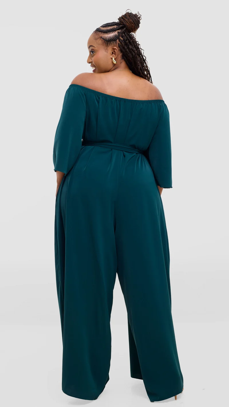 Vivo Zahari 3/4 Sleeve Off Shoulder Jumpsuit In Crepe - Dark Green
