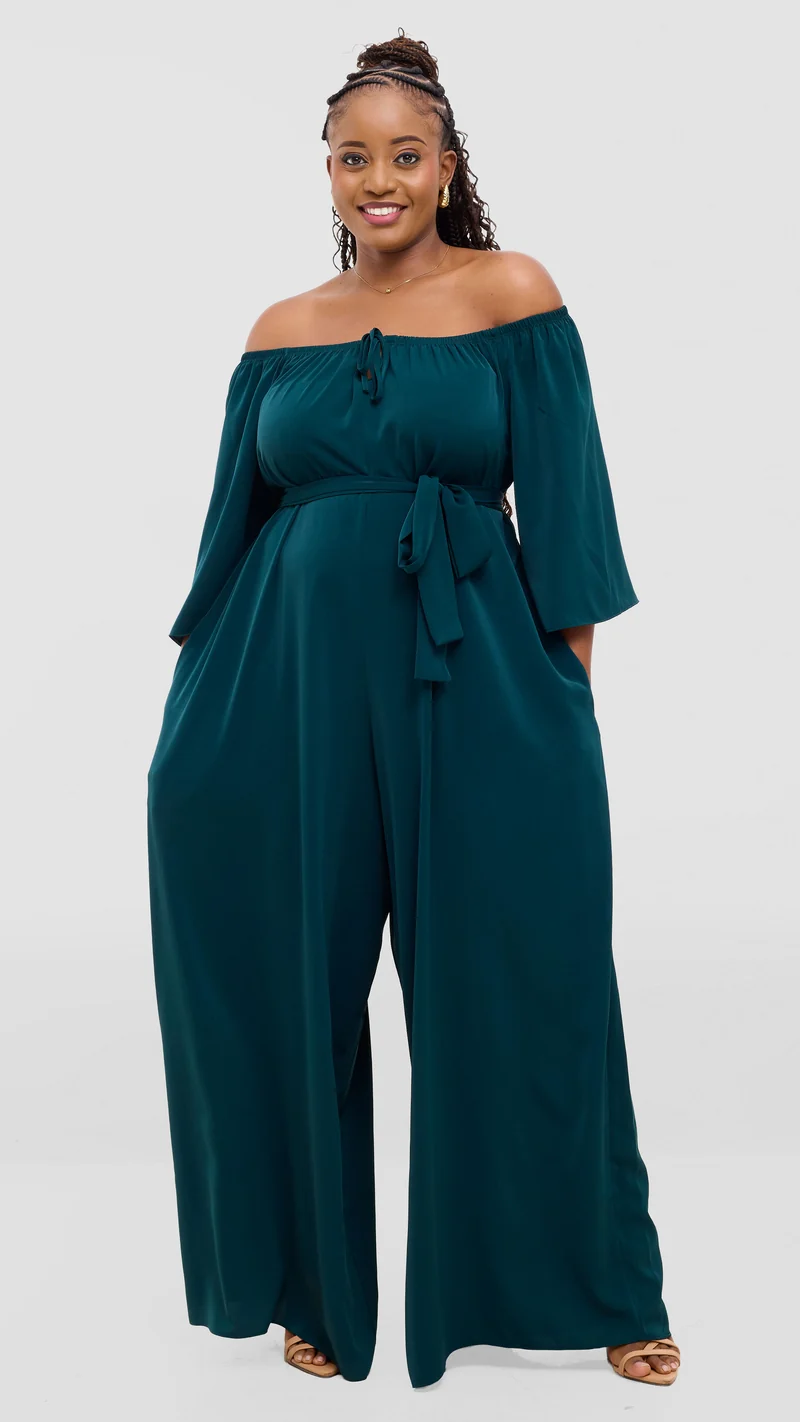 Vivo Zahari 3/4 Sleeve Off Shoulder Jumpsuit In Crepe - Dark Green