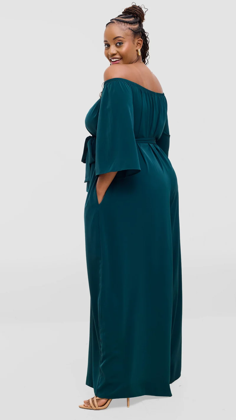 Vivo Zahari 3/4 Sleeve Off Shoulder Jumpsuit In Crepe - Dark Green