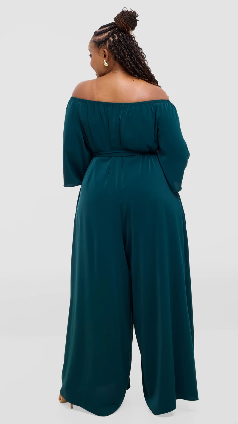 Vivo Zahari 3/4 Sleeve Off Shoulder Jumpsuit In Crepe - Dark Green