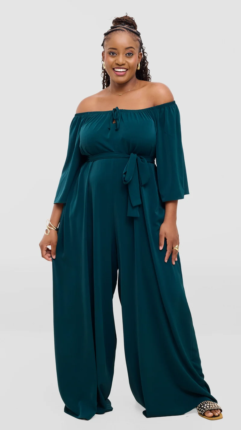 Vivo Zahari 3/4 Sleeve Off Shoulder Jumpsuit In Crepe - Dark Green