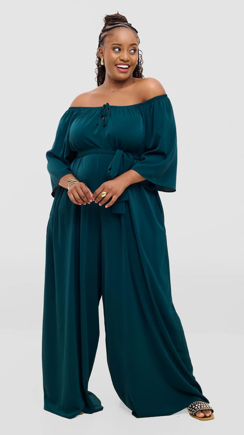Vivo Zahari 3/4 Sleeve Off Shoulder Jumpsuit In Crepe - Dark Green