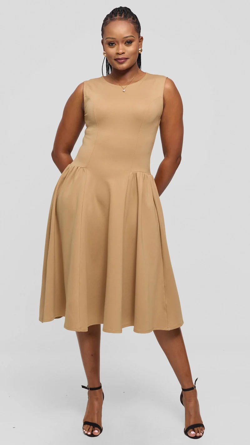 Vivo Panelled Waist Midi Dress in Ponte - Taupe