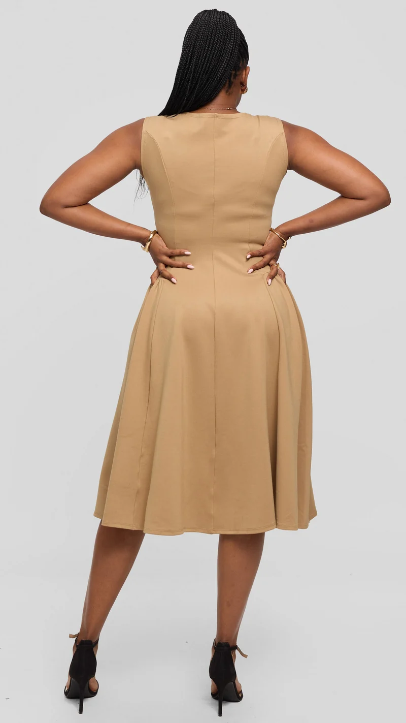 Vivo Panelled Waist Midi Dress in Ponte - Taupe